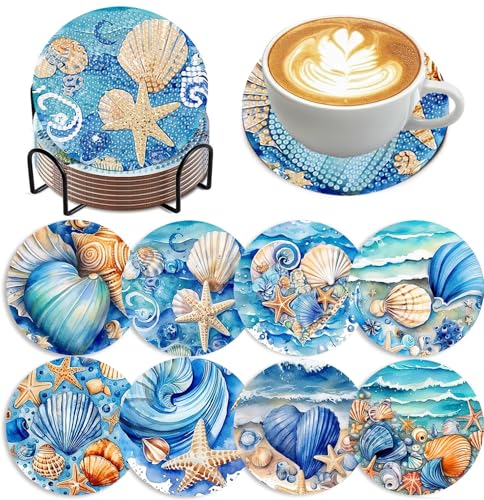 Zythron 8 PCS Diamond Art Coasters Ocean Diamond Painting Coasters Kits Ocean Animals with Holder DIY for Beginners, Adults, Diamonds Art Crafts Supplies 4x4 in