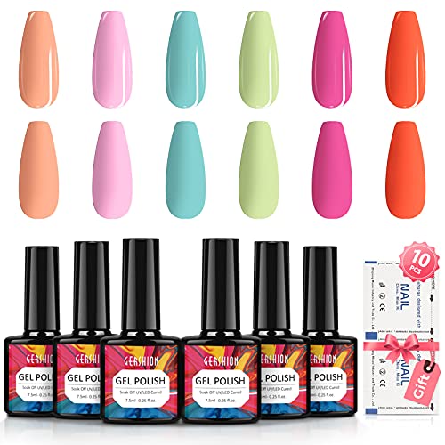 GERSHION Gel Nail Polish Kit, 6PCS Candy Gel Polish Set, Neon Pastel UV Gel Nail Polish Colors, Green Pink Nail Polish Gel with 10PCS Gel Polish Remover Wraps, Base and Top Coat Needed H-16