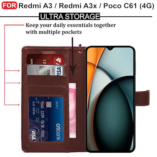 Image of CEDO Flip Cover for Redmi A3 / Redmi A3x / Poco C61 (4G) | Leather Finish | Inside Pockets & Inbuilt Stand | Shockproof Wallet Style Magnetic Closure Back Case Flipcover (Brown)