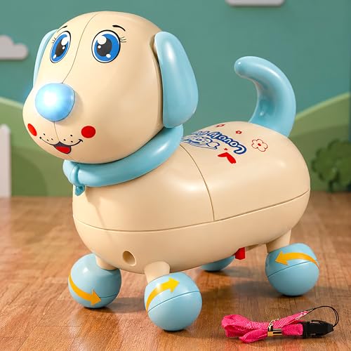 Image of Musical 360 Dancing Dog Toy for Kids with LED Lights - Interactive Electric Walking Puppy Pull Along Pet Toy with Rope - Color As Per Stock