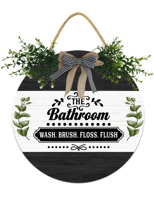 'The Bathroom Was Brush Floss Flush Sign For Bathroom Door', rustykalny okrągły drewniany wieniec, śmieszne znaki łazienkowe do drzwi, wiejskie znaki toaletowe dekoracja 30 cm