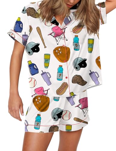 Image of SHESHOW Pajamas for Women Set Satin Button Down Short Sleeve Top and Shorts Pjs Sets Sport Ball Print Sleepwear XS-XXL