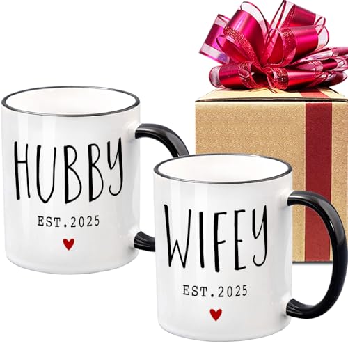 Dnuiyses EST 2025 Hubby Wifey Mugs Set Wedding Gift for Couples Promoted to Be Hubby Wifey Wedding Gift Wedding Gift to Give Couples Birthday Coffee Mug Wedding Gift for Newlywed