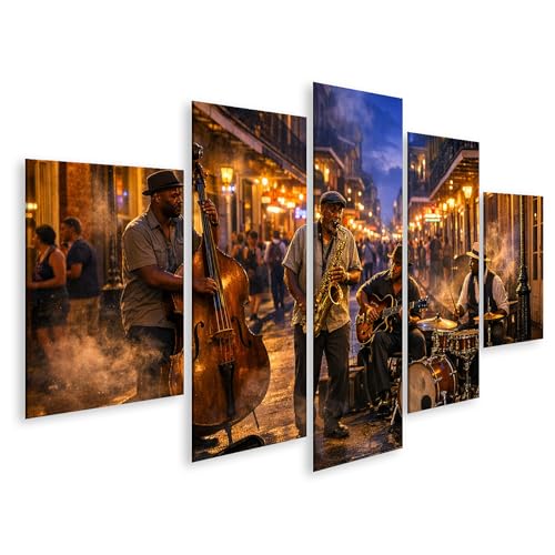 islandburner Tableau sur toile Motif musique jazz vivante dans la rue - Décoration murale pour les amateurs de musique - 5 pièces