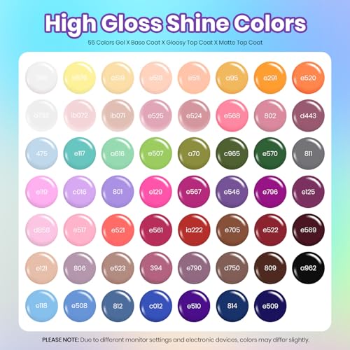 Image of Beetles Gel Nail Polish Set, 63 PCS 55 Colors Gel Polish Kit with Base Coat, Glossy Matte Top Coat, Nail Art Stickers and Brush, Pink Red Blue Green Nude Soak Off UV LED for DIY Home Manicure