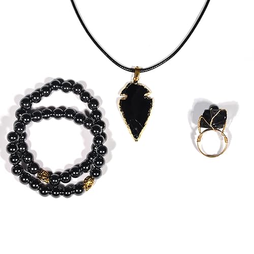 Healing by Han Obsidian Hematite Guardian Crystal Set - 2pcs hematite bracelets, 1pcs obsidian necklace, 1pcs adjustable obsidian ring for