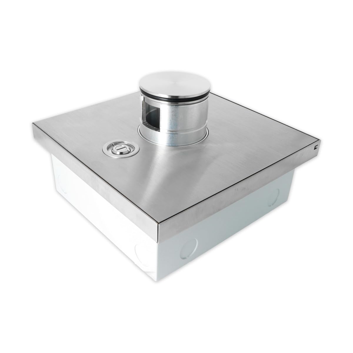 Edelstahl Bodentank mit verschließbarem Klappdeckel mit Tubus Kabelauslass Bodensteckdose IP54 individuell bestückbar Platz für 8 bzw. 16 Module
