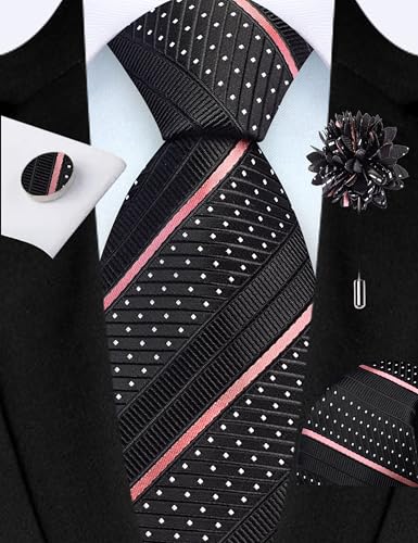 Image of GUSLESON 3.15 inch(8cm) Mens Stripe Tie and Lapel Pin Necktie Hankerchief Cufflinks Set for Men
