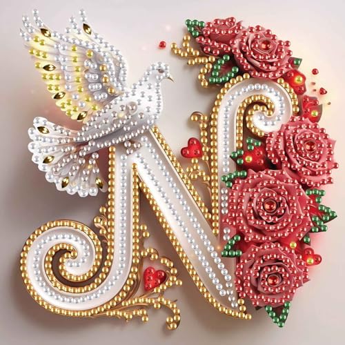 Image of AiYuanzsh 5D DIY Diamond Art Kits for Adults Letter N, Nature-Inspired Rose & Dove Special Shape Diamond Painting, Alphabet Diamond Art Kit for Adults Wall Decoration 17x17cm