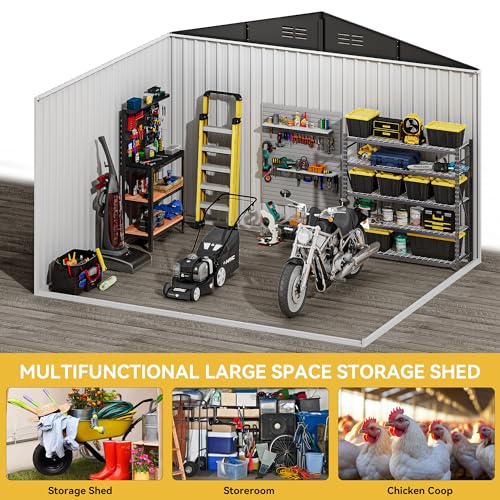 Image of DWVO 10x8ft Outdoor Storage Shed, Large Metal Tool Sheds, Heavy Duty Storage House with Lockable Doors & Air Vent for Backyard Patio Lawn to Store Bikes, Tools, Lawnmowers, Dark Gray
