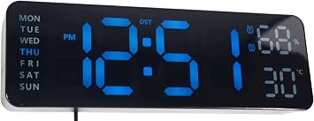 Digital Wall Clock,With Blue Big Led Num,Large Display,Electric ,9x3",Black