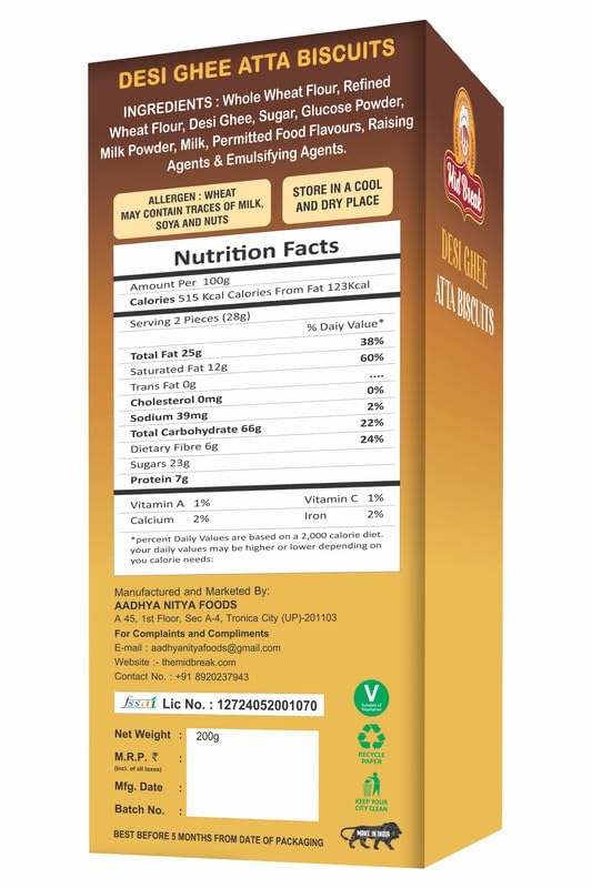 Image of MidBreak Handmade Atta Biscuits with Desi Ghee - 200gm | Eggless Vegetarian Cookies | Premium Tea-Time Snack | Traditional Taste - Pack of 1