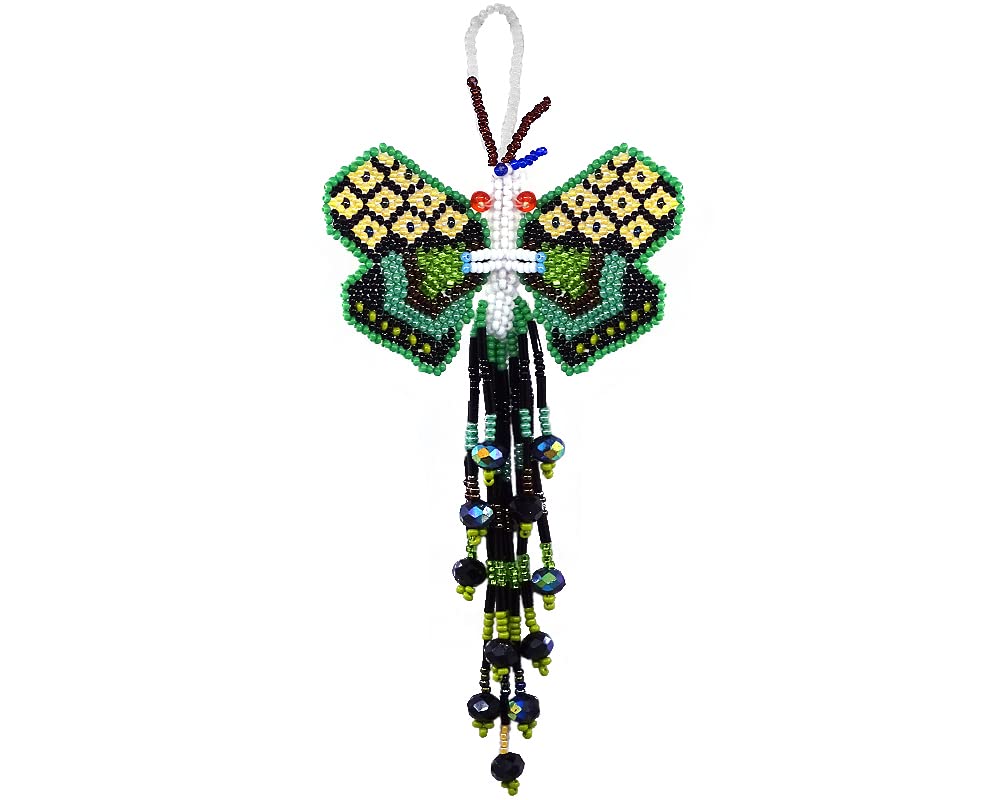 Multicolored Butterfly Hanging Figurine Ornament Czech Glass Seed Bead Fringe Tail Dangles - Handmade Gifts Animal Boho Accessories (Green/White/Black)