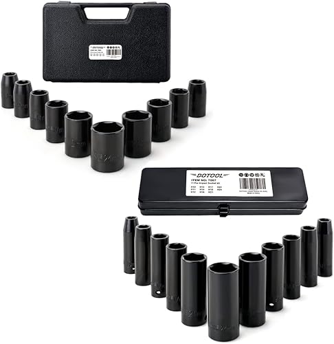 DOTOOL Juegos de llaves de impacto de 12 pulgada 11 piezas de accionamiento profundo de 6 puntos caja de acero de hierro universal Cr-V tamaños