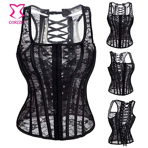 Buy ZZEBRA Black XS XXL Black Transparent Lace Corset Vest Corpetes E
