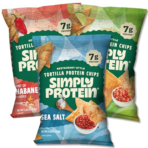 Simply Protein - Tortilla Chips Restaurant Style Protein Chips Variety Pack (3-Pack) - Sea Salt Hint of Lime Hint of Habanero - 7g Protein 140 Calories Gluten Free Vegan - 3 Bags 4.58oz (130g)