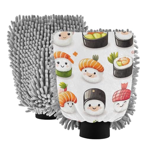 STAYTOP Cute Cartoon Sushi Car Wash Mitt Microfiber, 2Pcs Scratch Free Lint-Free, Premium Chenille Microfiber Mitt Car Wash Brush-M