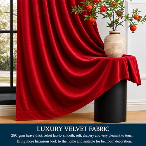 Image of Amazon Brand - Solimo Velvet Curtain Set of 2 (52x96 Inch) Plain Door & Window Curtains for Living Room & Bedroom |75% Light Blocking, Eyelet Curtains for Home Decor in Red Color (4 feet x 8 feet)
