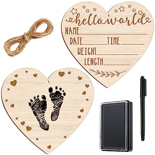 Image of Thyle Baby Announcement Wooden Name Sign for Hospital Birth Double Sided Newborn Welcome Sign with Marker Pen and Ink Pad for Baby Shower Hand Footprints(Heart)
