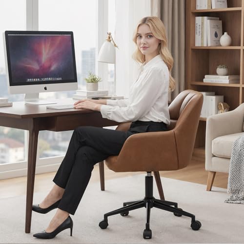 Image of Modern PU Leather Office Chair Set of 2, Height Adjustable Comfy Desk Chair with Wheels, 18.3 inch Wide Swivel Armchair for Living Room Home Office Computer, Brown