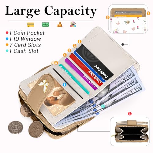 Image of BIAOTIE Wallet for Women Cute Floral Flower Wallet RFID Credit Card Holder Purse Small Bifold Zipper Coin Pocket Purse with ID Windows (Butterfly Khaki)