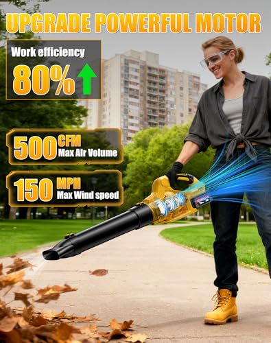 Image of Leaf Blower Cordless Compatible with DeWalt 20V Max Battery, 6 Speed Modes | 500CFM Electric Leaf Blower with 2 Batteries and Charger, Battery Powered Blowers for Lawn Care, Snow, Dust, Blowing Leaves