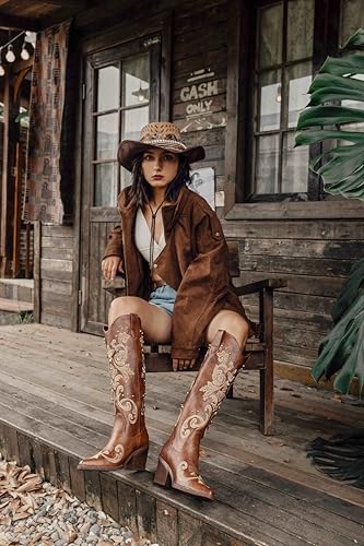 Image of Western Cowboy Boots for Women Knee High Cowgirl Boots with Classic Embroidered, Pointed Toe Chunky Heel Fashion Retro Classic Pull On Tall Boot Women Fall Winter