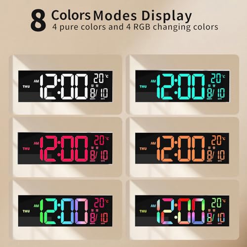 Image of 16 inch Large Digital Alarm Clock with Remote Control, Dual Alarm Clock with LED Screen Dispaly, 8 RGB Colors, Auto DST, Temperature for Living Room, Desk Decor, Mounted Wall Clock, Gift for Elderly