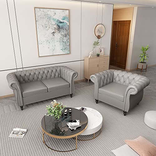 Image of ORRD 2 Piece Living Room Set, Chesterfield Leather Sofa Couch Chair with Scroll Arms and Nailhead for Living Room, Office (Grey)