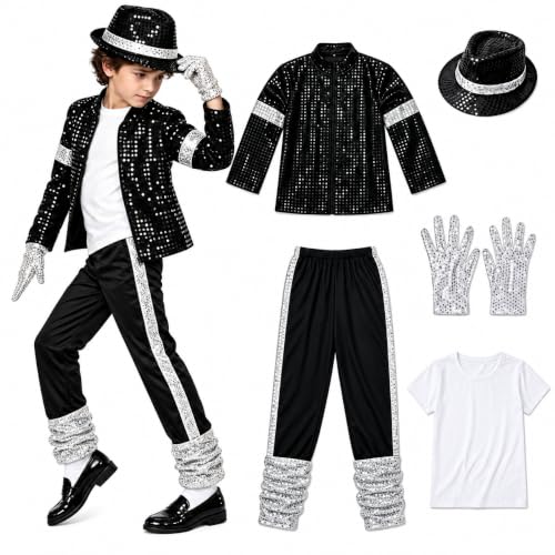 ADJSYDD Kids Dance Star Halloween Costume Boys Black Sequin 80s Pop Stage Outfits 4-5T - image 1