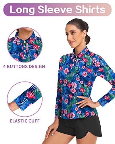 Women's Floral Golf Polo - Collared Button V Neck Long Sleeve Sports Golf Shirt #TOP1