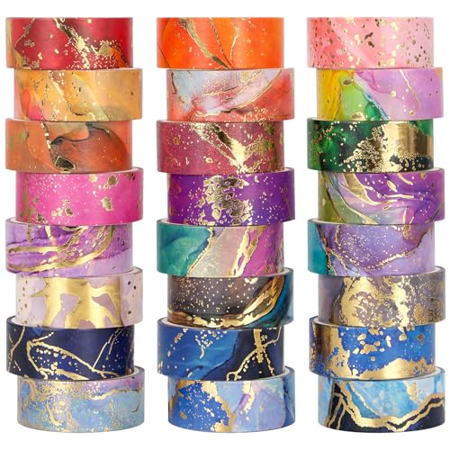 NANYNNU Gold Washi Tape Set - 24 Rolls Metallic Foil Marbling Washi Tape Decorative Washi Tapes for Junk Journal Supplies Bullet Journal Supplies DIY Crafts Scrapbooking School Supplies