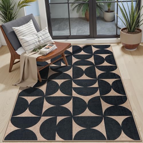Lahome Modern Geometric Easy Jute Entryway Rug 3x5, Indoor Outdoor Washable Rug for Living Room, Neutral Semi-Circle Black Carpet for Dining Room Patio Front Door - Image 2