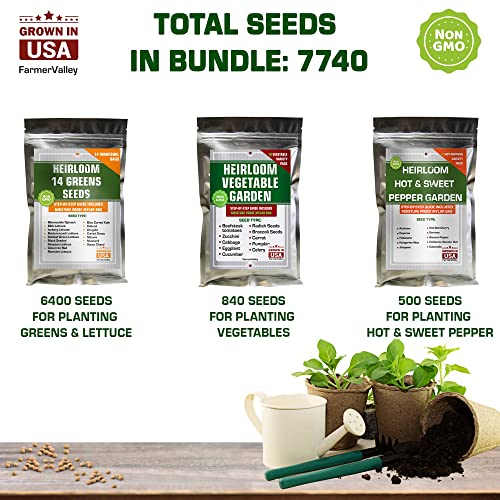 Heirloom Selection of Vegetable, Hot Pepper, Lettuce, Greens and Salad Seeds - USA Grown - Total 34 Individual Non-GMO Heirloom Seeds for Planting Home Garden Indoor Outdoor and Hydroponic