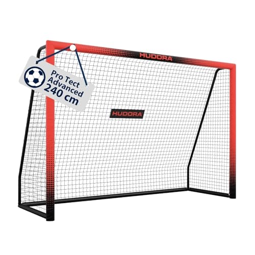HUDORA Portería de Fútbol Pro Tect Advanced - para Exteriores, con Red, Resistente a la Intemperie, para niños y Adultos – Montaje Sencillo – Pared de Tiro Cremalleras y Velcro, Rojo, 240 x 160