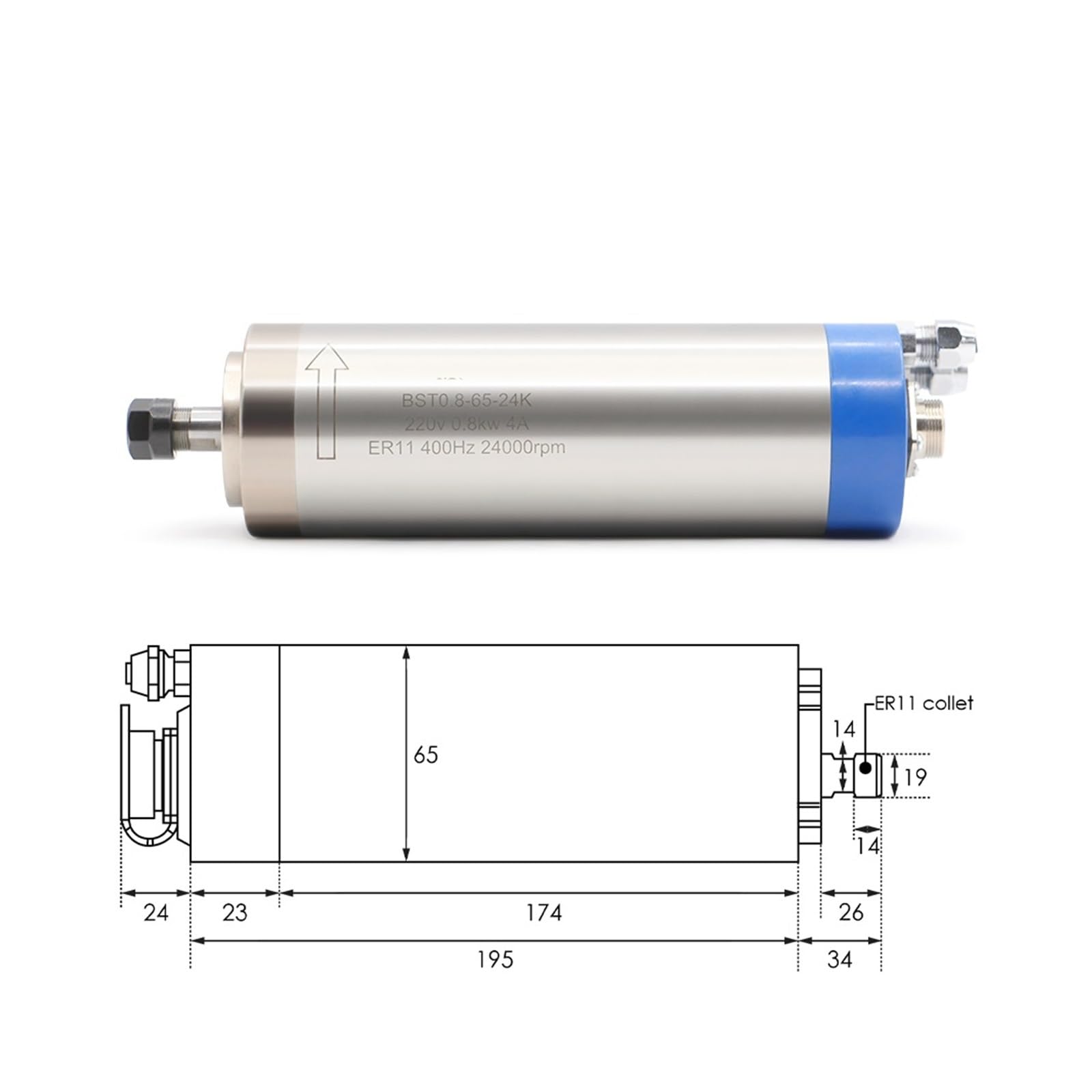 KACOME 800w ER11 Water-Cooled CNC Spindle Motor and Aluminum 65 mm mounting Bracket milling Fixture for CNC milling Machines(220v)