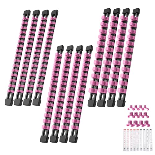 Image of Reniteco 12-Pack Socket Organizer Set, 1 /4 inch x 64 3 /8 inch x 60 1 /2 inch x 48 Clips | 172 Clip Capacity, Havy-Duty ABS Socket Rails, Removable Clips, Drive Socket Storage, Toolbox Drawer or Wall Mount