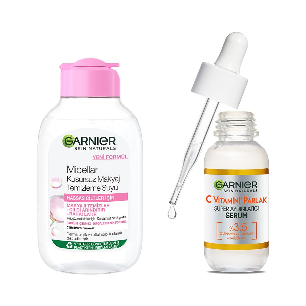 Garnier Skin Naturals Micellar Kusursuz Makyaj Temizleme Suyu (100 ml) & C Vitamini Parlak Süper Aydınlatıcı Serum (30 ml) Cilt Bakım Seti