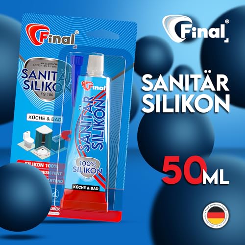 FINAL Sanitär Silikon 1x50ml - Wasserfester Dichtstoff in Profiqualität, für Bad, Dusche & Küche, schimmelresistent, antibakteriell & elastisch, haftet auf Glas, Metall, Keramik & Holz, Transparent