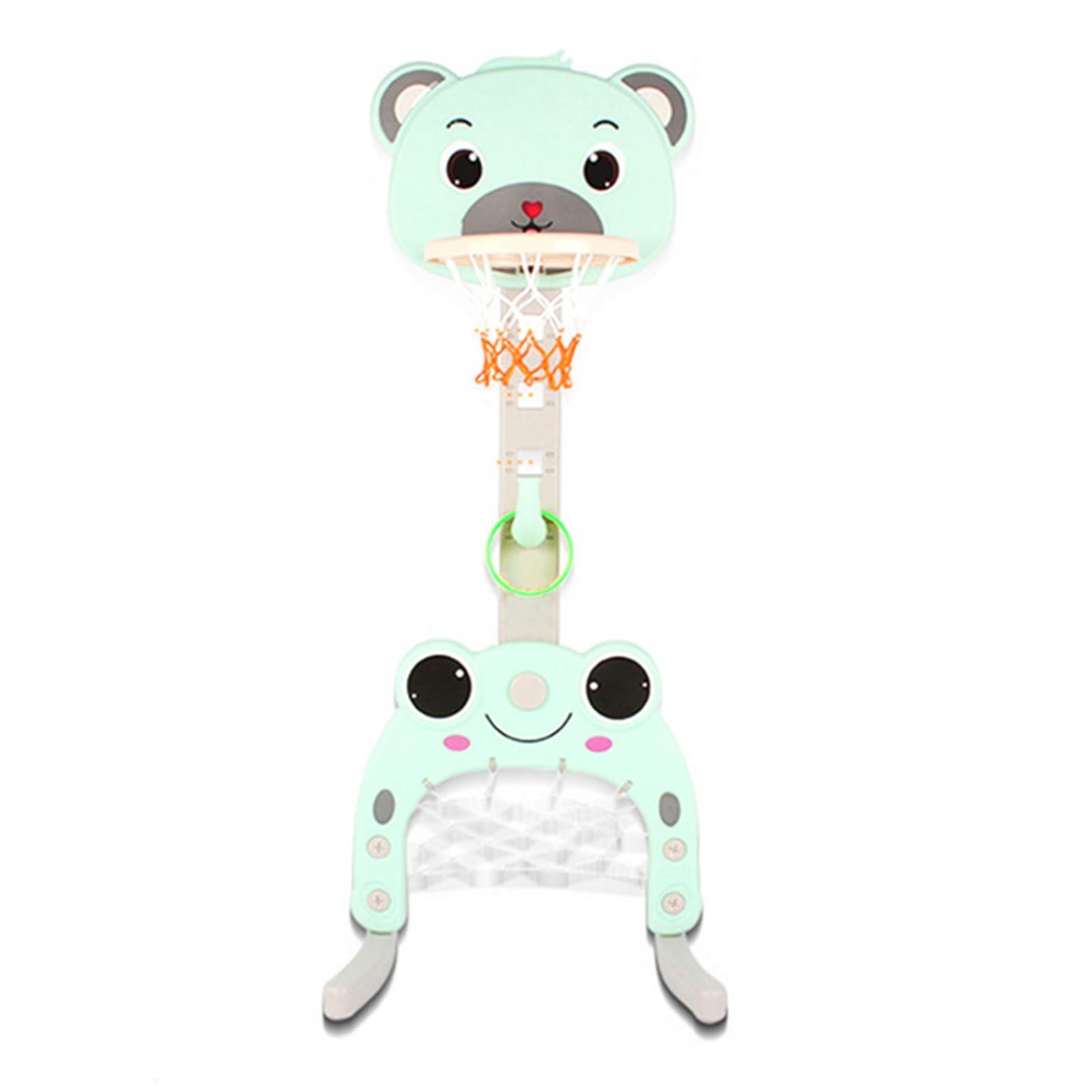 MUL-BUTIQUE Cesta de baloncesto y objetivo de fútbol 3 en 1 para niños, soporte para juegos de anillos, 57 x 49 x 150 cm, soporte de juego ajustable, forma de oso verde)