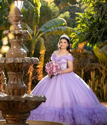 Ftupza Layered Tulle Quinceanera Dresses Ball Gown Off Shoulder Glitter Beaded Sweet 16 Dresses Princess Party Gown4