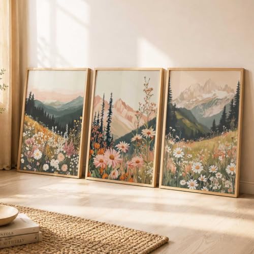 Image of kotart Big Aesthetic Mountains View Wall Art Paintings | Flowers Landscape Framed Painting | Vastu Frames for Living Room Bedroom Wall Decor Set Of 3 (13X17 inch)