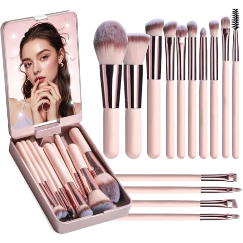 Catálogo de Sets de pinceles y brochas para comprar online. 49 Set de viaje de brochas de maquillaje: 14 brochas de cerdas suaves espejo, luz LED y estuche portátil