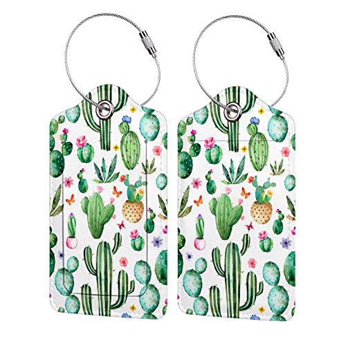 2 Pack Luggage Tags for Travel Cactus PU Leather Luggage Tag Accessories Privacy Cover ID Label with Stainless Steel Loop for Travel Bag Suitcase for Women Men