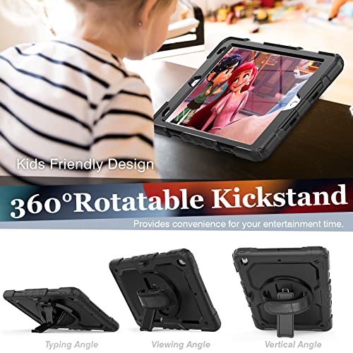 Sibeitu iPad 9th Generation Case 2021 10.2 Inch with Screen Protector & Kickstand, Protective iPad 7th 8th Gen Shockproof Case 2019 2020 Cover with Hand Shoulder Strap, Heavy Duty & Rugged, Black