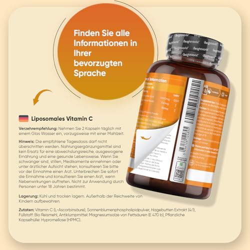 Liposomales Vitamin C - 1000mg Vit C, 100mg Sonnenblumenphospholipide & 30mg Hagebutte - 180 vegane Kapseln - Glutenfrei & Ohne Gentechnik - WeightWorld – Bild 6
