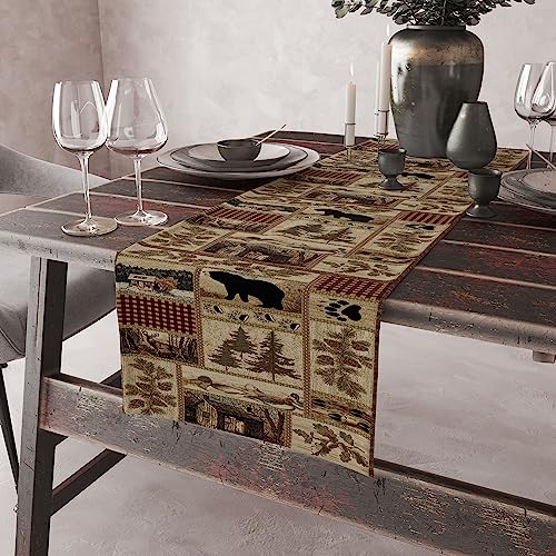 Image of Rustic Country Bear Table Runner,Patchwork Cabin Wild Animals Hunting Table Cloth for Home Kitchen Dining Table Decoration Party 13x60 in