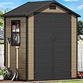 DWVO 6x4 FT Resin Storage Shed with Floor, Outdoor Storage Shed with Lockable Door, Window and Vents, Waterproof Plastic Tool Storage for Garden, Backyard, Patio, Lawn, Brown