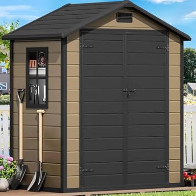 DWVO 6x4 FT Resin Storage Shed with Floor, Outdoor Storage Shed with Lockable Door, Window and Vents, Waterproof Plastic Tool Storage for Garden, Backyard, Patio, Lawn, Brown