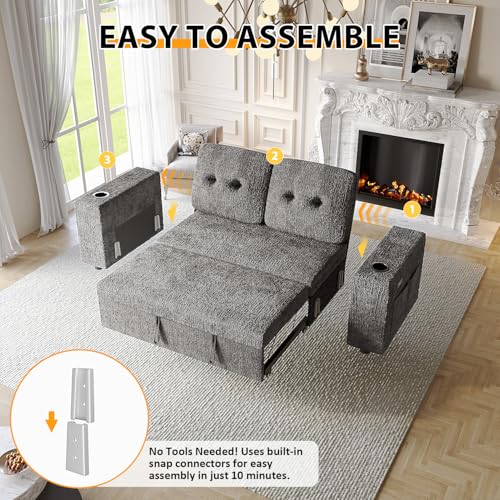 Image of 63 Inch Sleeper Sofa Bed, 3 in 1 Pull Out Couch Bed with Reclining Backrest, Small Loveseat with Wide Armrest | USB Charging | Side Pockets | Cup Holders | Tool Free Assembly, Grey